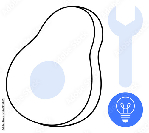 Avocado outline, wrench shape, light bulb icon in blue circle. Ideal for creativity, problem-solving, innovation, DIY, food-tech eco-conscious design sustainability. Simple landing page