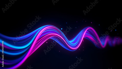 Abstract glowing neon light trails in vibrant blue and pink swirling dynamically against a dark background