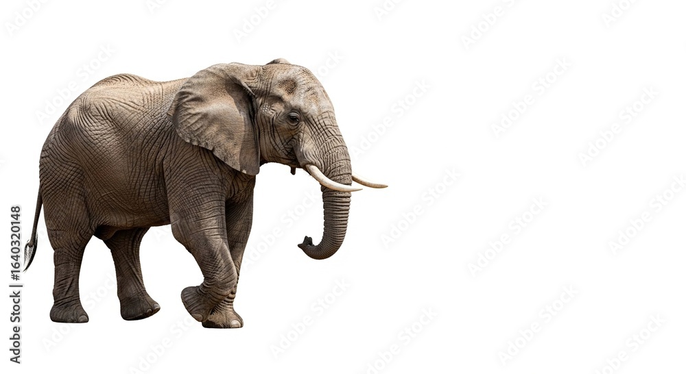 Obraz premium A large African elephant with tusks walking in profile, isolated on a clean white background.