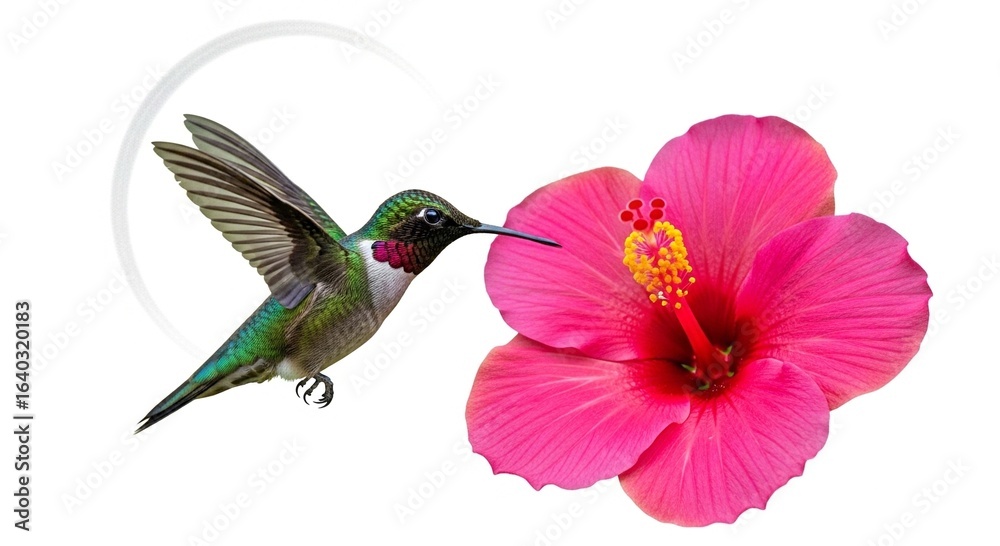 Obraz premium A ruby-throated hummingbird hovers while feeding on nectar from a vibrant pink hibiscus flower.