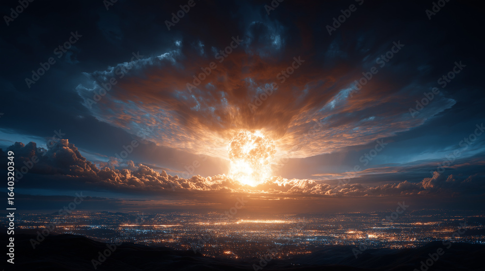 Fototapeta premium Apocalyptic Sunrise over a Horizon: A celestial event unfolds with the dramatic imagery of a nuclear blast. An explosion sends massive mushroom clouds, framed by clouds.