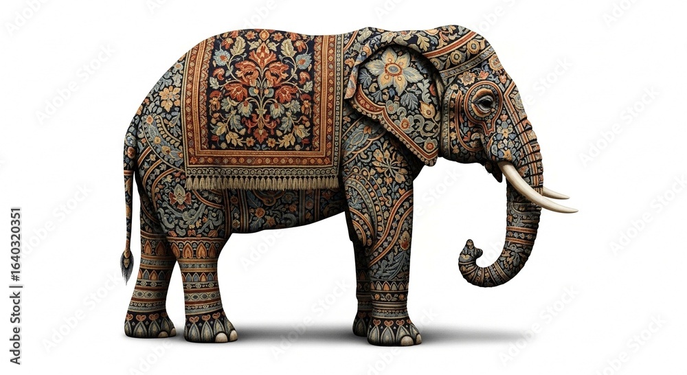 Fototapeta premium A majestic elephant adorned with intricate, colorful floral and geometric tapestry patterns on a white background.
