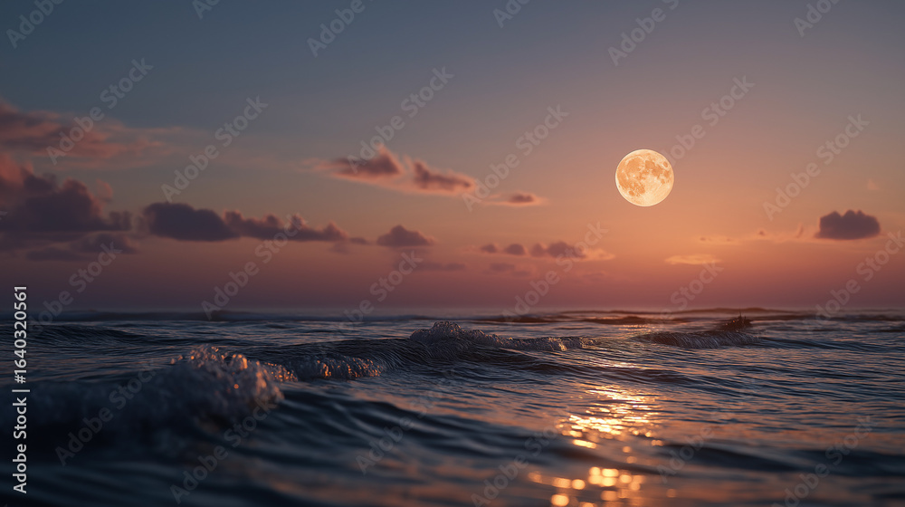 Obraz premium Moonlit Ocean: The tranquil ocean, under the soft glow of the moon, presents an amazing nightscape scene. Its surface, reflecting moonlight, whispers tales of peace and solitude.