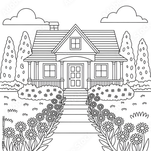 A beautiful flower path in front of a house coloring page line art
