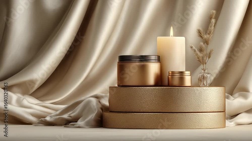 Elegant spa and skincare setup with golden containers, a lit candle, and dried flowers against a luxurious silk backdrop.