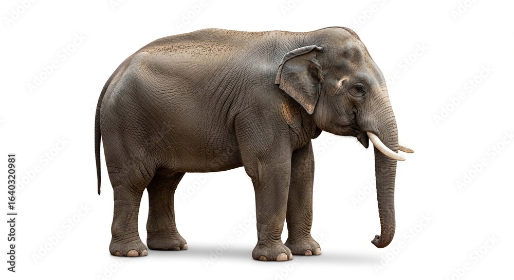 Obraz premium A full-body profile of a large male Asian elephant with ivory tusks, standing isolated on a white background.