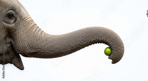 An elephant's trunk carefully holds a small green apple against a plain white background.