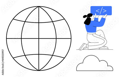 Programmer writing code, large globe symbolizing global reach, and cloud representing cloud computing. Ideal for innovation, coding, connectivity, technology, software, IT services simple landing