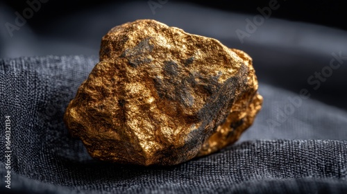 A close-up of a shiny gold rock on a dark textured surface, highlighting its unique texture and color.