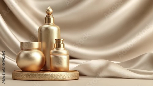Luxurious gold cosmetic containers displayed on a round tray against a silky beige fabric background.
