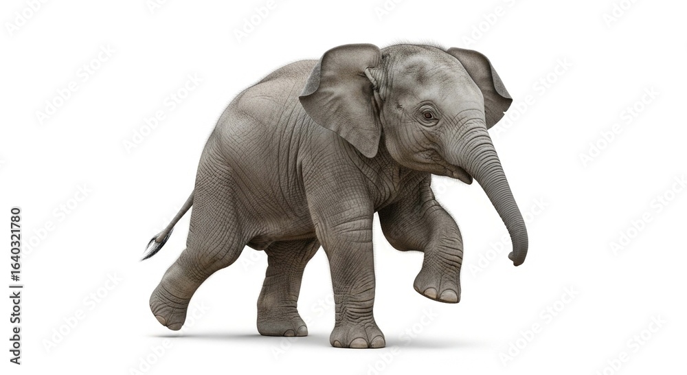 A young Asian elephant calf walking with one leg raised against a clean white background. A young Asian elephant calf walking with one leg raised against a clean white background.