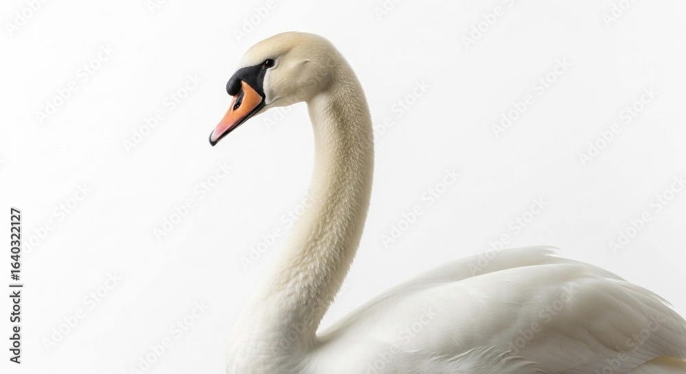 An elegant portrait of a beautiful white swan with a long, curved neck against a bright, clean background. An elegant portrait of a beautiful white swan with a long, curved neck against a bright, clean background.