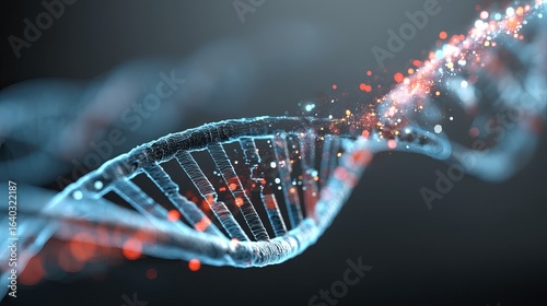 An abstract representation of a DNA strand with glowing particles and intricate details.
