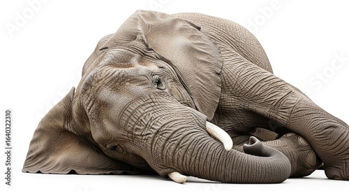 A large African elephant with tusks lies on its side, resting peacefully against a plain white background.