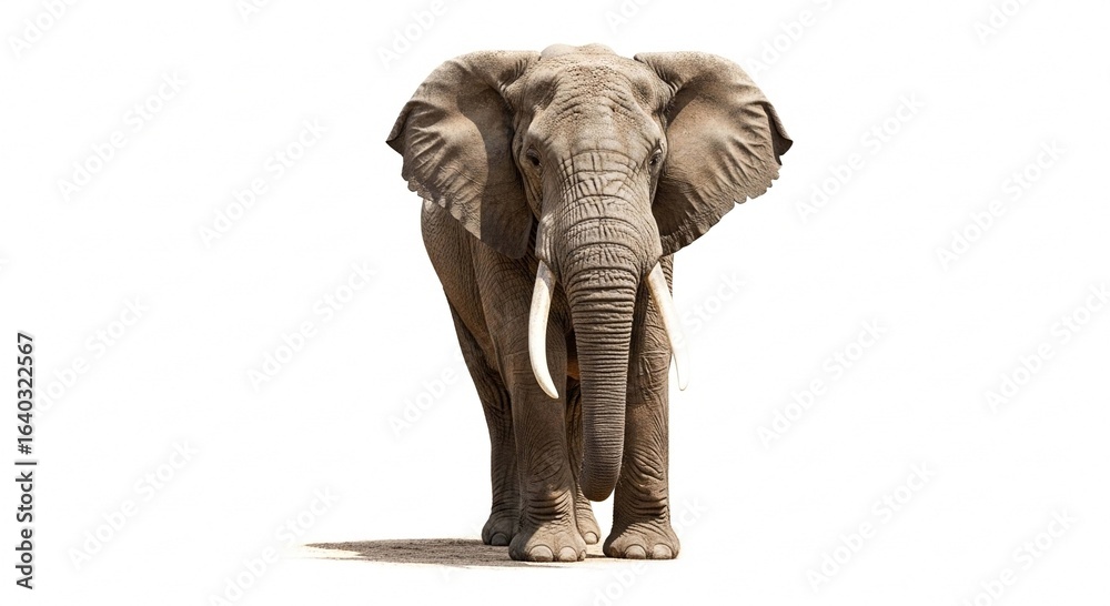 Fototapeta premium A large African elephant with prominent ivory tusks stands facing forward, isolated on a white background.