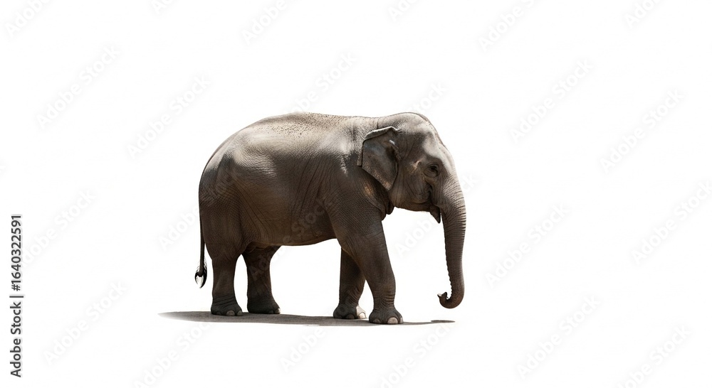Obraz premium A full-length side profile of a large Asian elephant standing isolated on a white background.