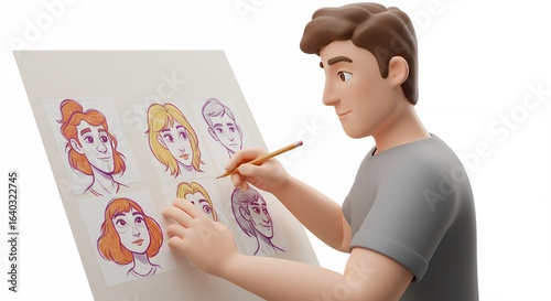 Cartoon artist drawing portraits