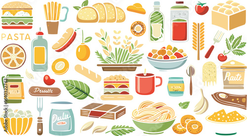Assortment of food items and ingredients in a flat design style