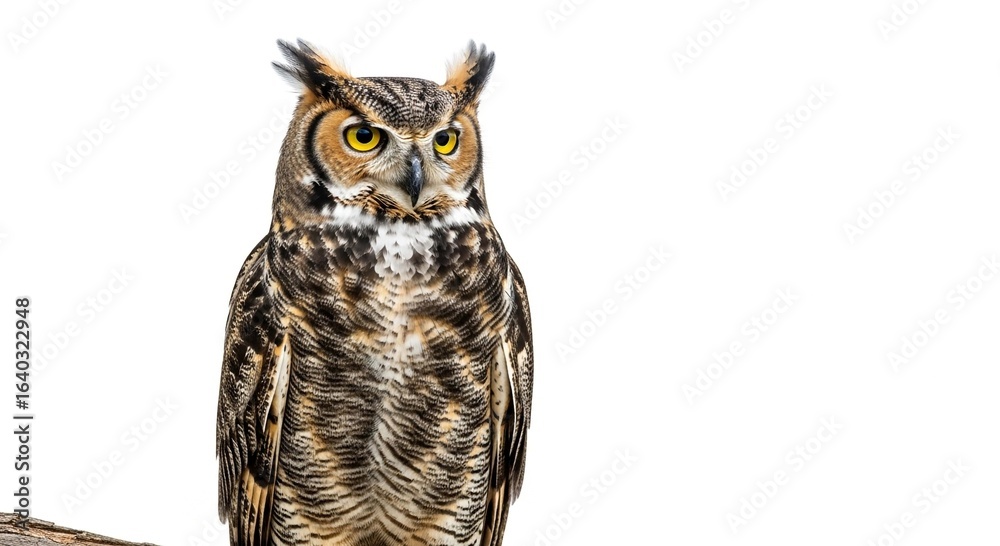 Obraz premium A Great Horned Owl with yellow eyes and prominent ear tufts is perched and looking forward against a clean white background.