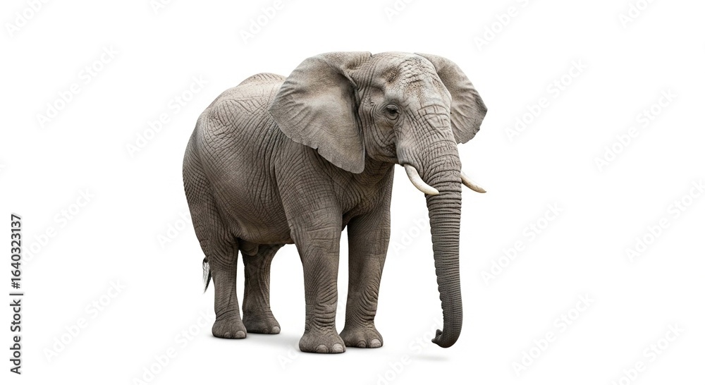 Fototapeta premium A majestic African elephant with large ears and tusks stands isolated on a clean white background.