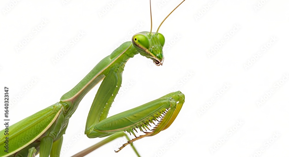 A detailed close-up of a vibrant green praying mantis showcasing its predatory stance and intricate anatomy against a clean white background A detailed close-up of a vibrant green praying mantis showcasing its predatory stance and intricate anatomy against a clean white background