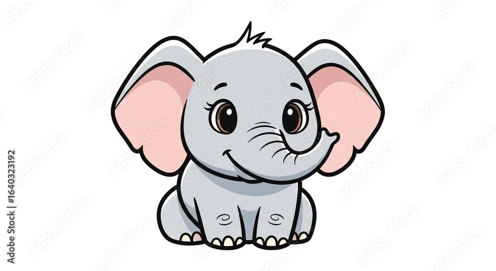 Naklejka premium An adorable gray baby elephant with large pink ears sits and smiles in this charming cartoon illustration.
