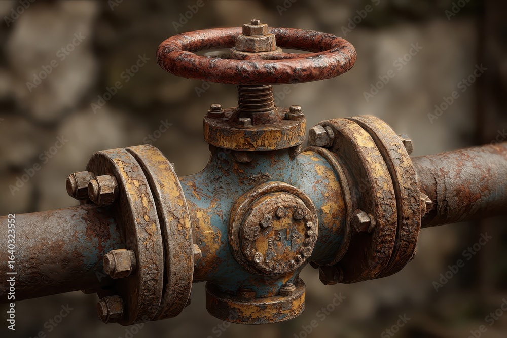 Rusty Industrial Valve with Flanges and Red Wheel, Close-Up Detail Rusty Industrial Valve with Flanges and Red Wheel, Close-Up Detail