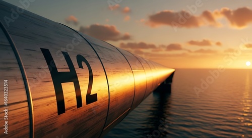 Fototapeta Naklejka Na Ścianę i Meble -  Metal pipeline with hydrogen symbol over ocean at sunset