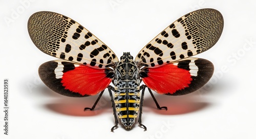 Distinctive Spotted Lanternfly with Red Winged Undersides Displayed Clearly