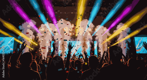 A vibrant crowd with their hands raised in the air, silhouetted against brilliant stage lights and a shower of confetti at a live concert.