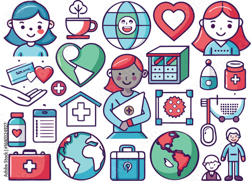 Global healthcare and medical support doodles girl