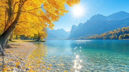 Wallpaper Mural Lake surrounded by autumn trees and mountains under a bright sunny sky. Torontodigital.ca