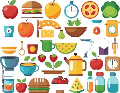 Healthy food and kitchenware flat design icons Keywords: food, healthy, fruit, vegetable, apple