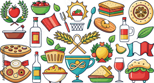 Italian Food And Drink Collection With Flags And Wreaths