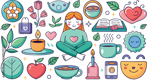 Self-care and wellness icons with a meditating person