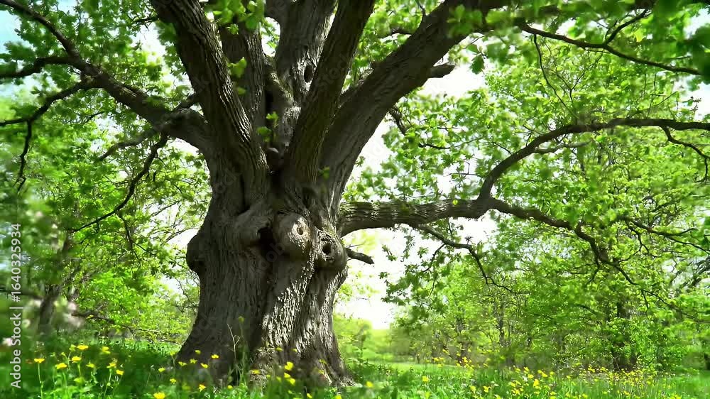 Lush Green Meadow with Yellow Flowers Surrounding a Towering Tree with Gnarled Branches and Green Leaves Beneath a Bright Sky in a Sunny Day A Tranquil Rural Landscape Optimized for Earth Day Lush Green Meadow with Yellow Flowers Surrounding a Towering Tree with Gnarled Branches and Green Leaves Beneath a Bright Sky in a Sunny Day A Tranquil Rural Landscape Optimized for Earth Day