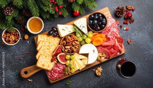 Christmas Charcuterie Board with Cheese with Meats  Wine.