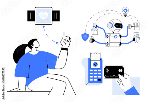 Female using health-monitoring wearable, robot multitasking, and contactless payment terminal. Ideal for technology, innovation, AI, digital health, fintech, automation progress simple flat