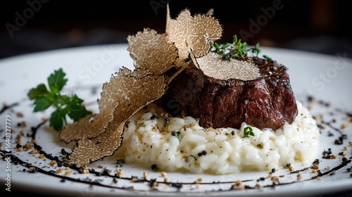 Seared steak with creamy risotto and truffle