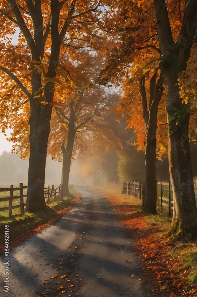 Fototapeta premium Foggy Autumn Forest Road with Warm Golden Light