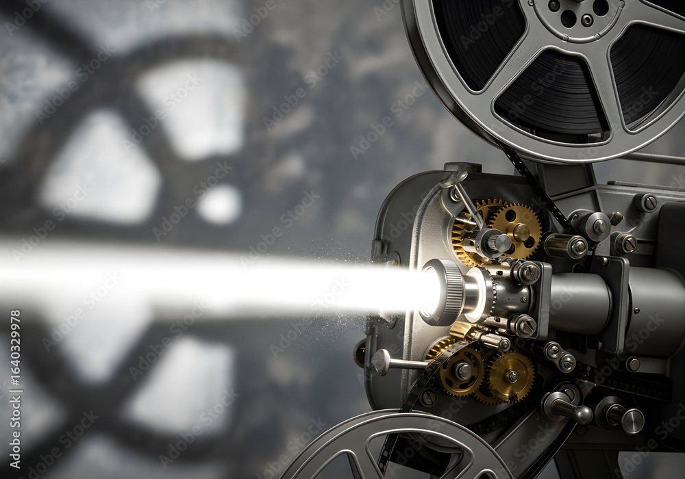 Obraz premium Close-up of a film projector projecting a beam of light, with film reels and intricate gears in focus against a textured background.