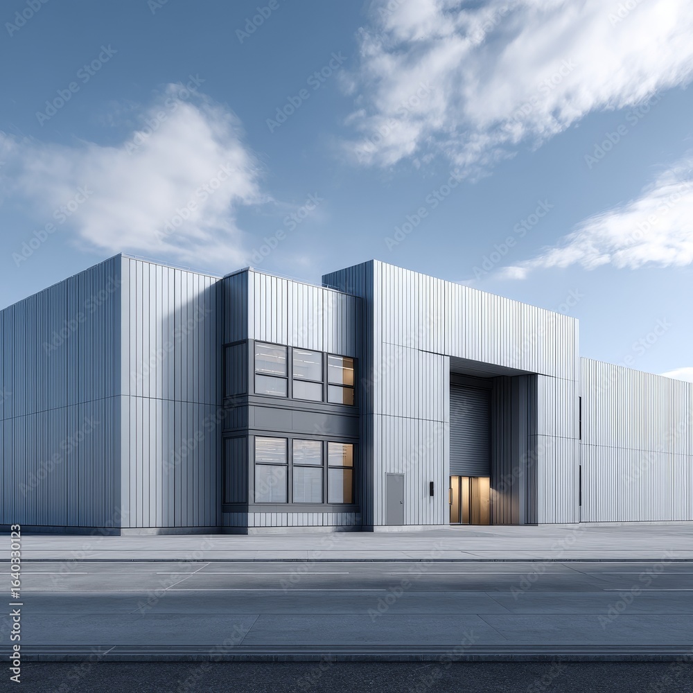 Fototapeta premium A modern industrial building with a large loading door, metal cladding, and clean geometric lines under a clear sky.