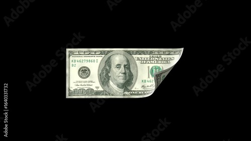 Animated 100 US dollar bill with curling effect, isolated on green, white, and black backgrounds. Perfect for finance, economy, business, or investment projects. Easy to use with chroma key for video 