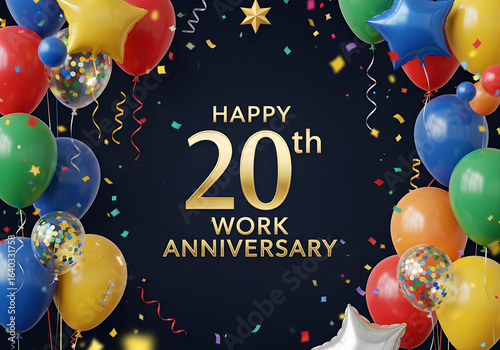 Celebrate a happy 20th work anniversary with a joyful graphic filled with balloons and confetti.