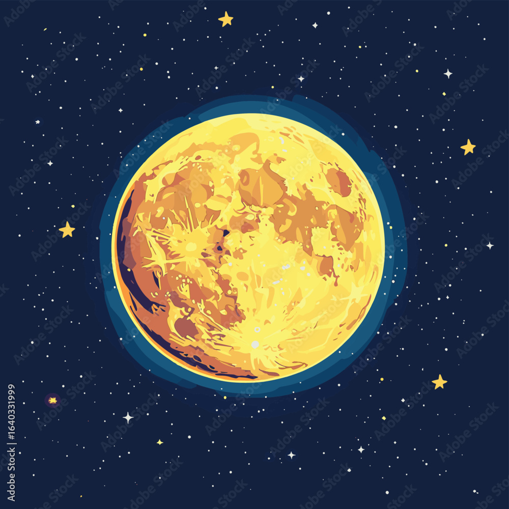 Fototapeta premium Full yellow moon in night starry sky. Vector cartoon flat illustration
