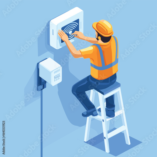 Technician installing a WiFi router on an interior wall of a modern home or office while standing on a ladder and wearing safety gear isometric isolated, vector style simple color