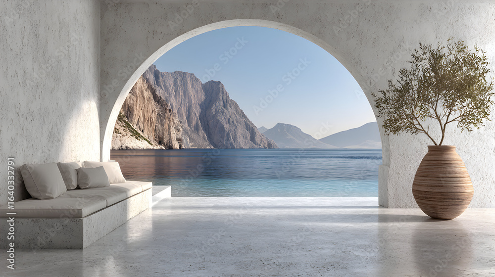 Fototapeta premium Interior view of a room with an arched window overlooking a sea and mountains.