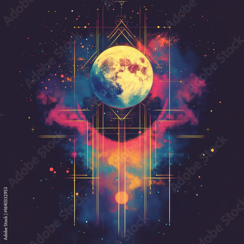 Abstract_Tarot_card_design_of_The_Moon, Futuristic tarot concept with energy points