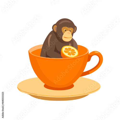 A serene chimpanzee sculpture enjoys a large orange teacup with an orange slice on a matching saucer.