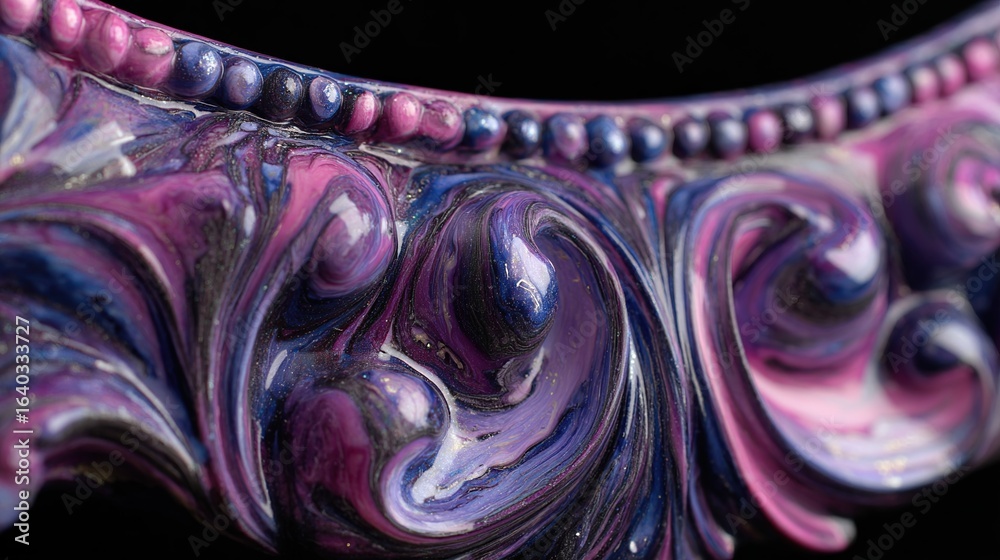Obraz premium Intricate, ornate molding of a frame, painted with flowing, glossy swirls of purples, blues, & black